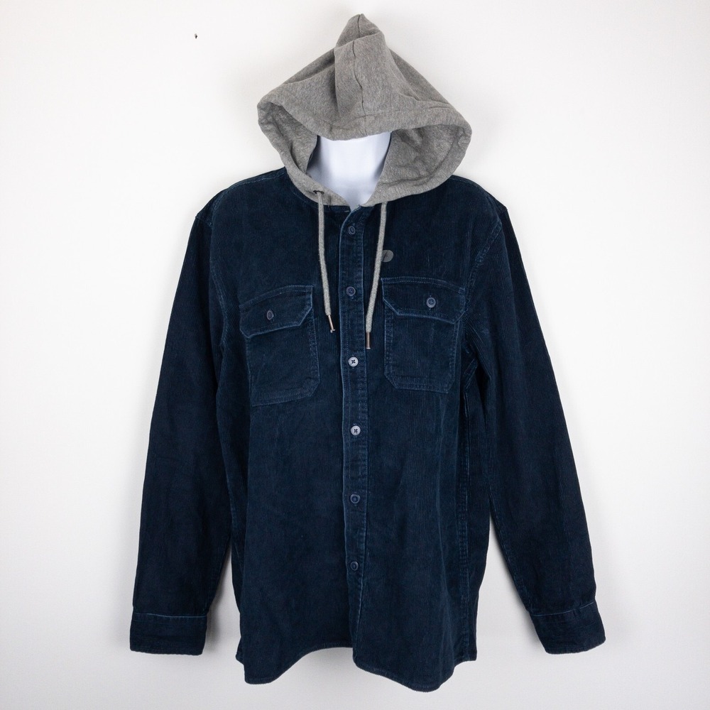 Aeropostale Hooded Corduroy Shirt Mens Small Navy Blue Long Sleeve Button Down